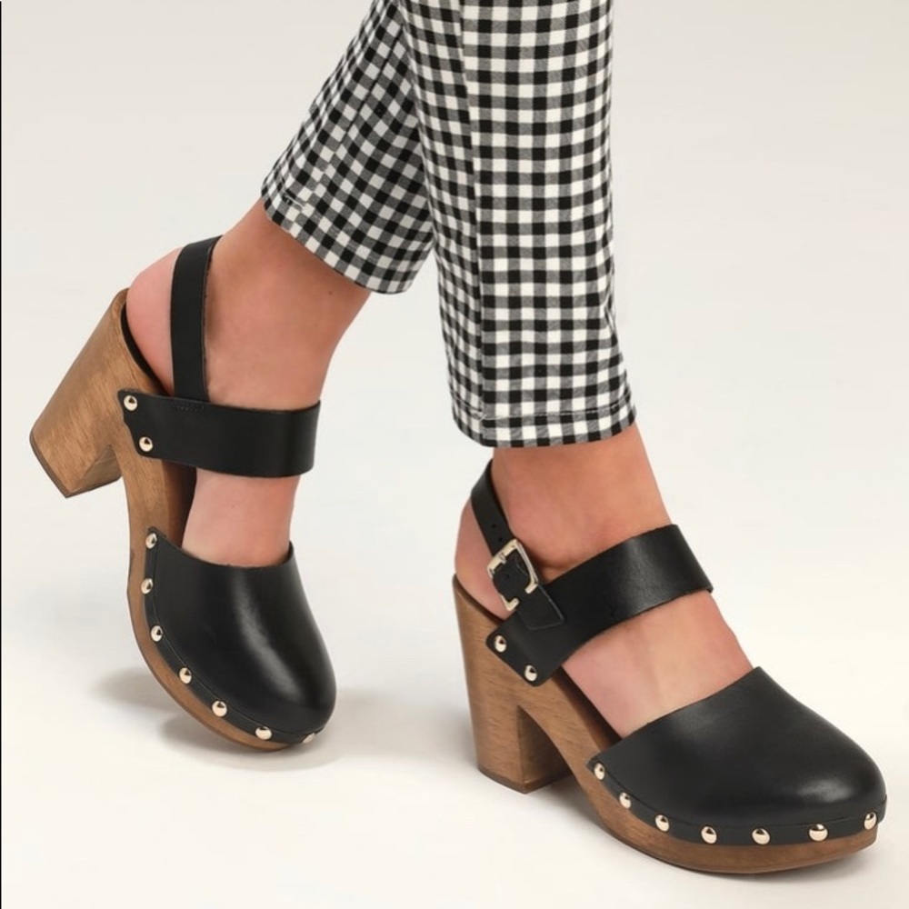 Lulu's Black Leather Studded Wooden Clog Mules